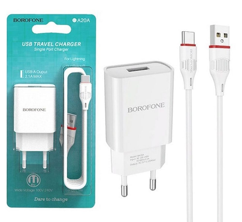 Сетевой адаптер питания BOROFONE BA20A 1USB 2.1A + кабель Type-C (белый)