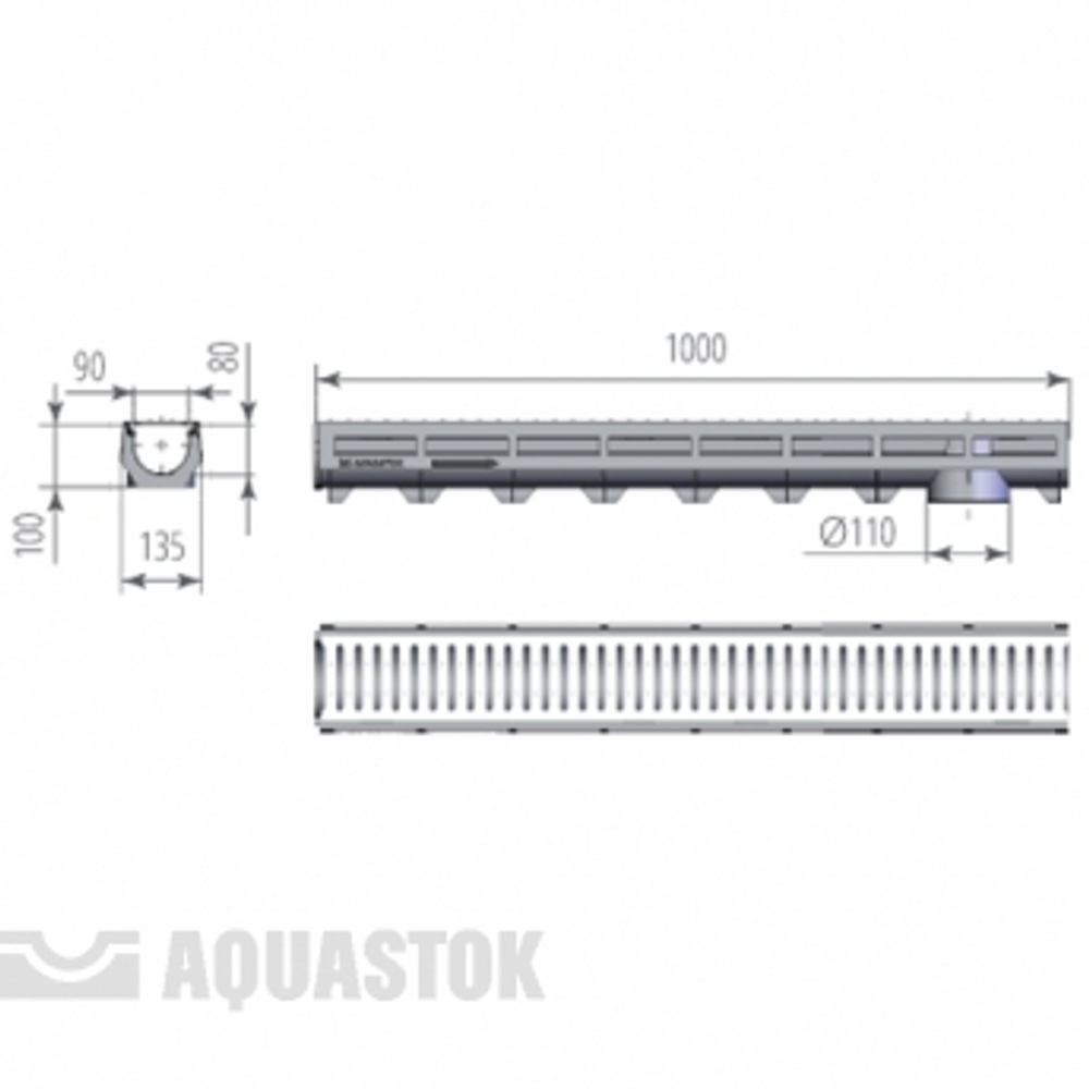 Лоток водоотводный AQUA-TOP DN90 H100 с пластиковой решеткой
