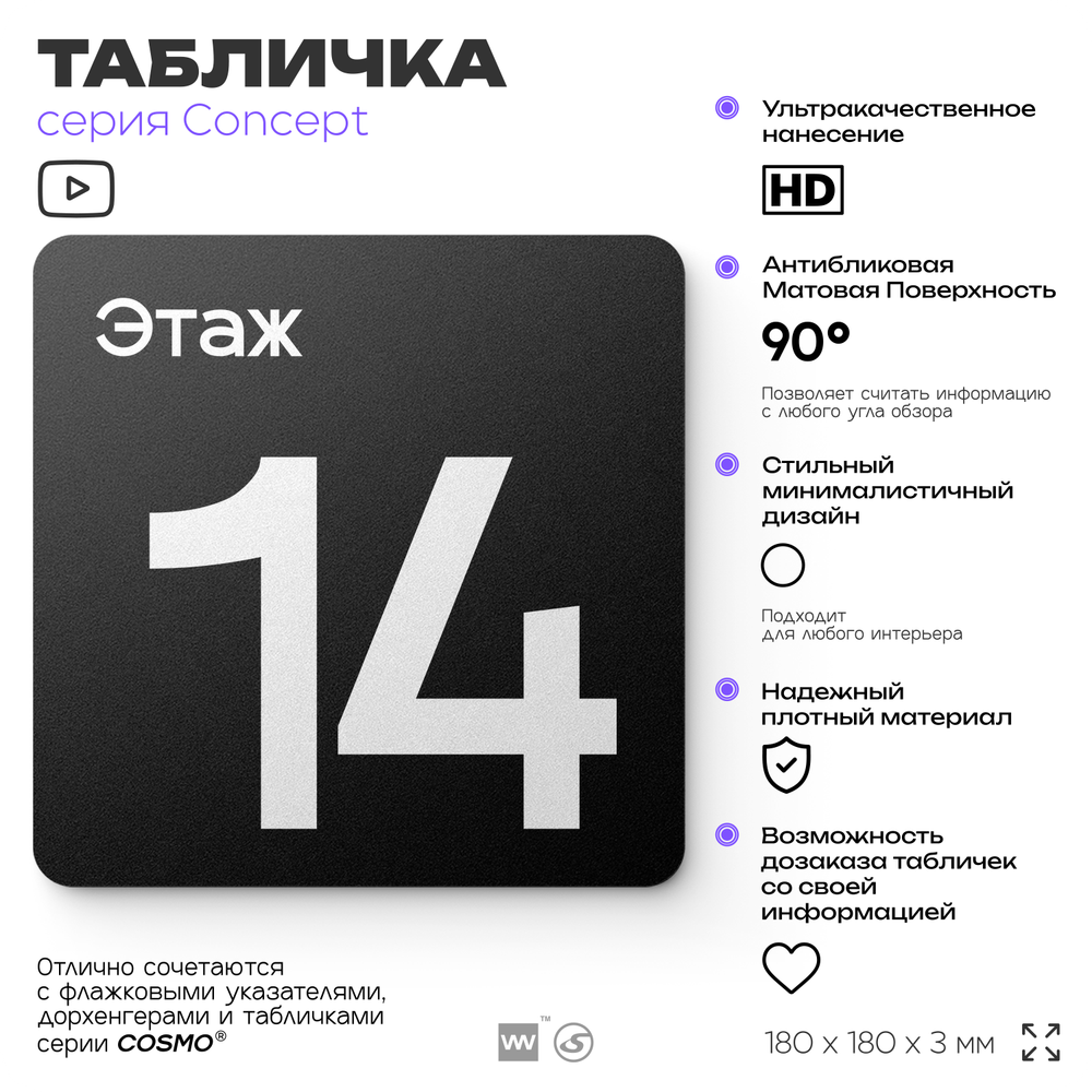Табличка Этаж 14, на дверь и стену, навигационная и информационная, серия CONCEPT, 18х18 см, Айдентика Технолоджи
