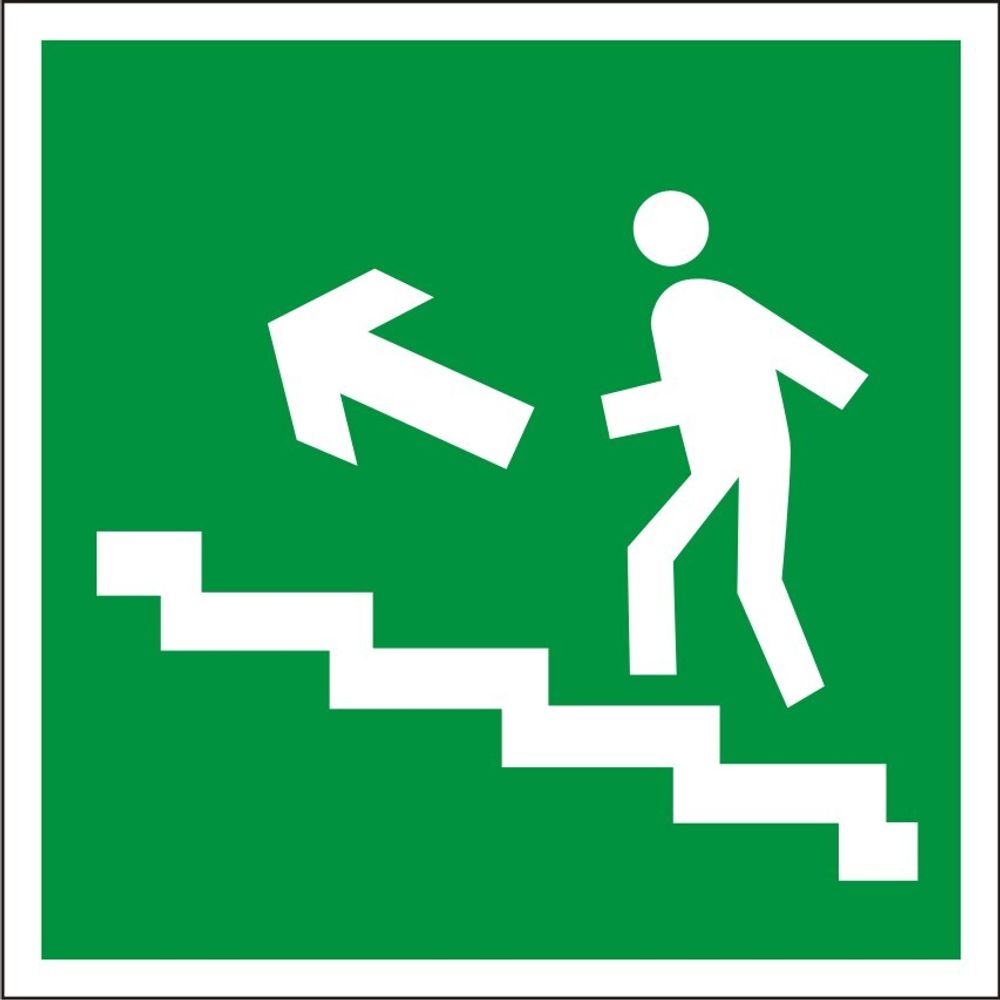 Знак E16 Направление к эвакуационному выходу по лестнице вверх налево (табличка, наклейка)