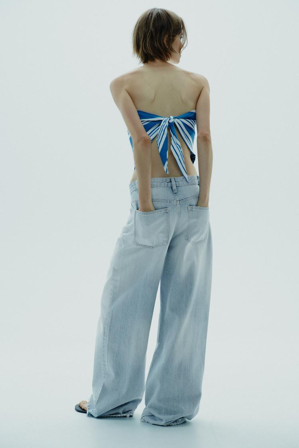 ZARA ЛЬНЯНОЙ ТОП БЕЗ БРЕТЕЛЕЙ, СИНИЙ/БЕЛЫЙ