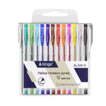 Набор гелевых ручек Alingar, "Металлик", 12 цветов, 1,0мм, прозрачный, круглый пластиковый корпус, ПВХ чехол, европодвес