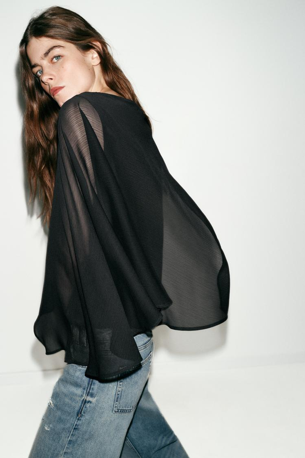 ZARA БЛУЗА С КОМБИНИРОВАННОЙ НАКИДКОЙ, ЧЕРНЫЙ