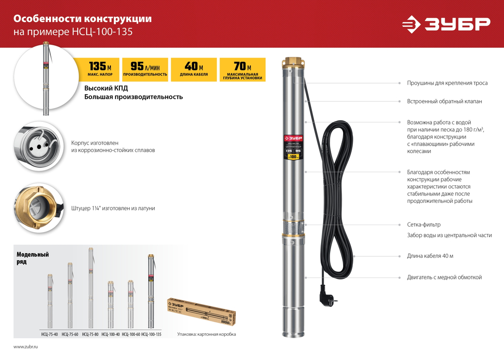 ЗУБР 550 Вт, 40 м напор, скважинный центробежный насос, корпус из нержавеющей стали (НСЦ-75-40)