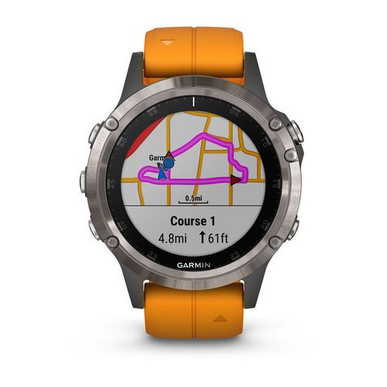 Мужские мультиспортивные часы Garmin Fenix 5 Plus Sapphire - титановый с оранжевым ремешком 010-01988-05
