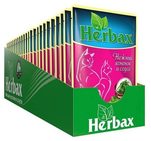 Влажный кром Herbax для взрослых кошек, нежный ягненок в соусе с морской капустой, 24 шт x 100 г