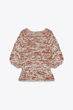 ZARA ТРИКОТАЖНЫЙ СВИТЕР С КОНТРАСТНОЙ БАСКОЙ, КОРИЧНЕВЫЙ/БЕЛЫЙ