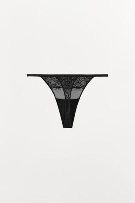 ZARA КРУЖЕВНЫЕ ТРУСЫ-ТАНГА, ЧЕРНЫЙ