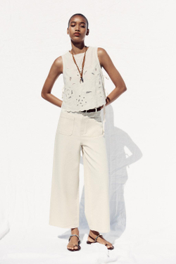 ZARA ТОП С ВЫШИВКОЙ И ЗАВЯЗКАМИ, БЕЛЫЙ