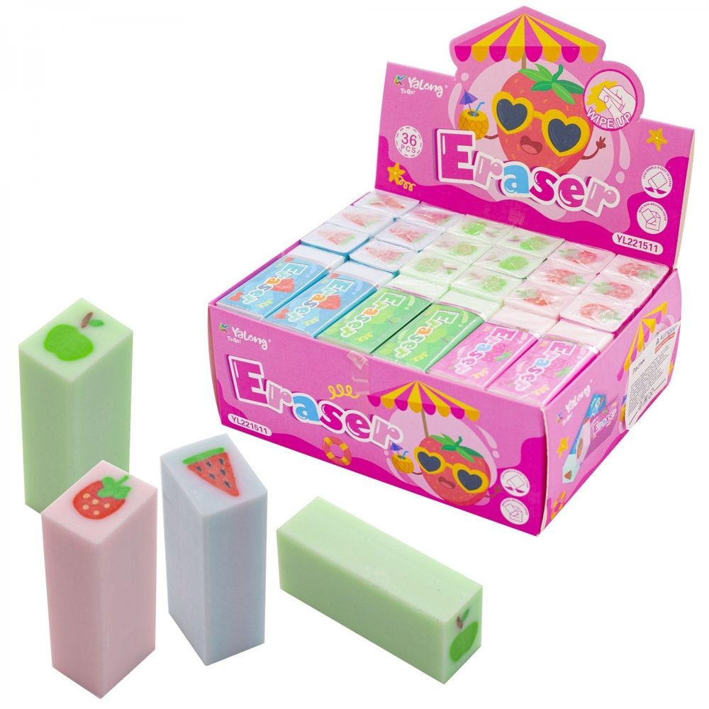 Ластик Yalong, синтетический каучук, прямоугольный, цвет ассорти, 50*20*15 мм, картонная коробка, "Фрукты"