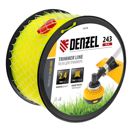 Леска для триммера витой квадрат, 2,4мм х 243м, на DIN катушке FLEX CORD Denzel