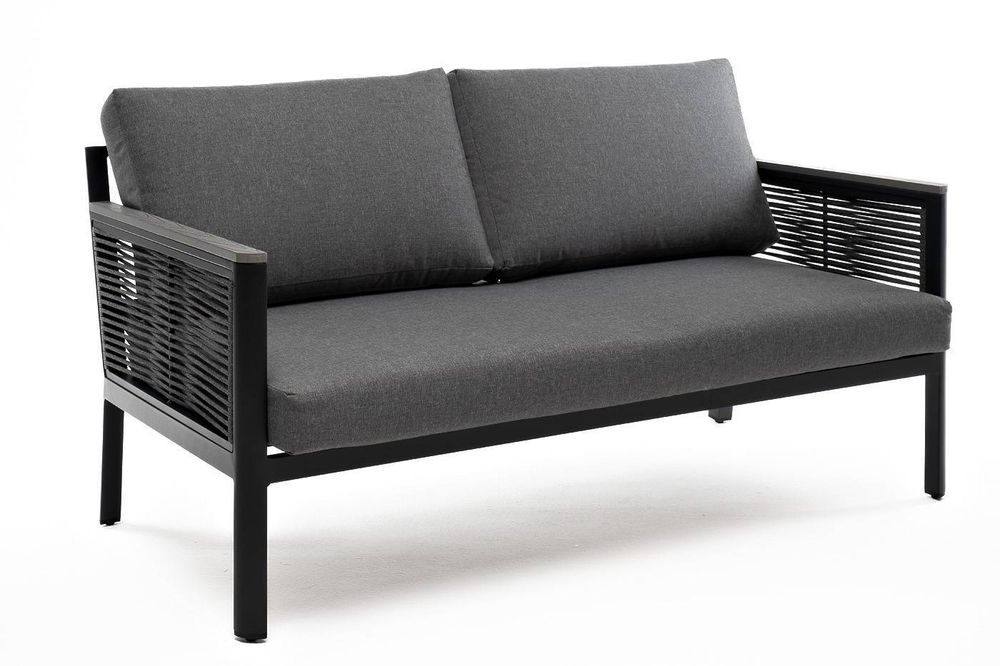 "Сан Ремо" диван 2-местный плетеный из роупа, каркас алюминий темно-серый, роуп серый, ткань серая