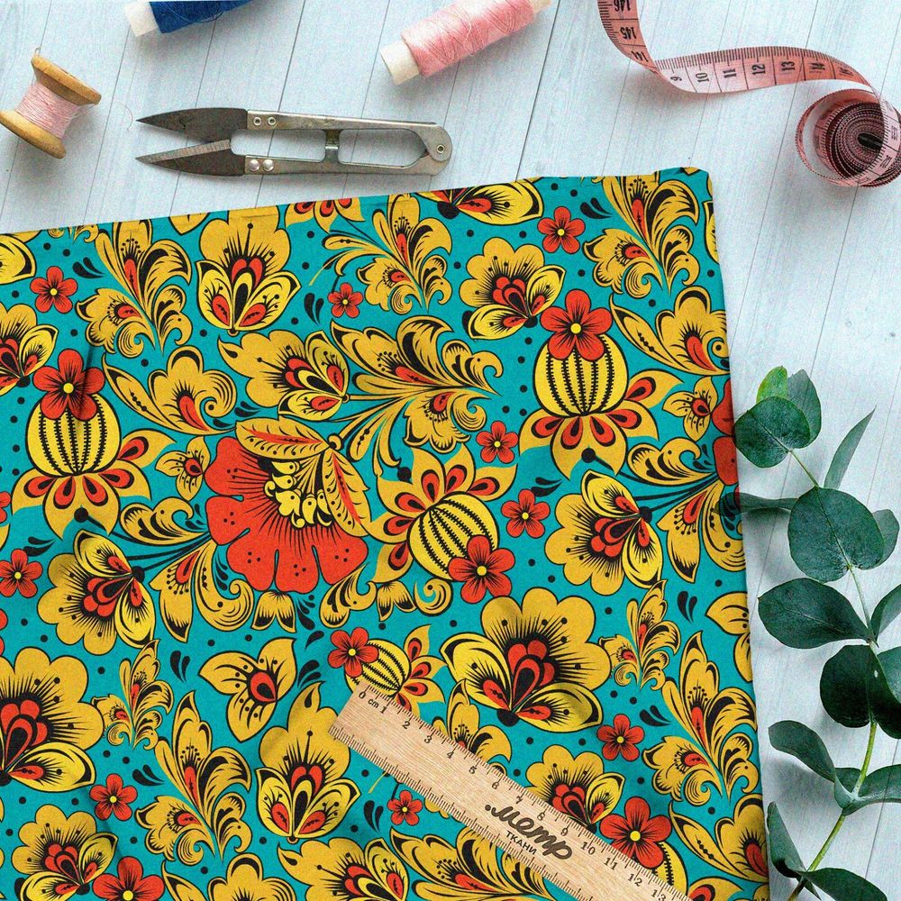 Ткань саржа хохлома из маков и кактусов на бирюзовом фоне