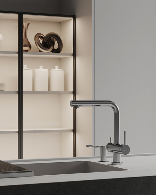 Смеситель для кухни Abelsberg Pura OTF70709CH c вытяжным изливом и возможностью подключения фильтра для воды, цвет глянцевый хром