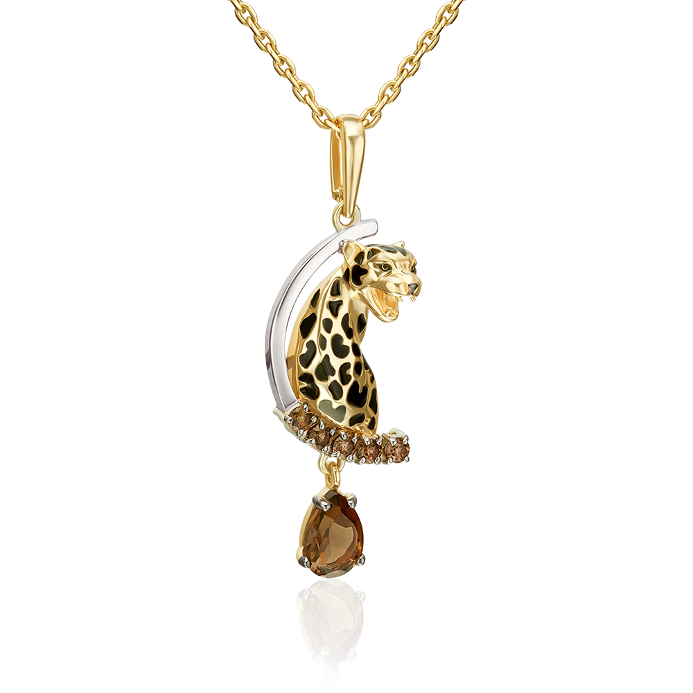 Подвеска «Леопард» из комбинированного золота с кварцем дымчатым и эмалью