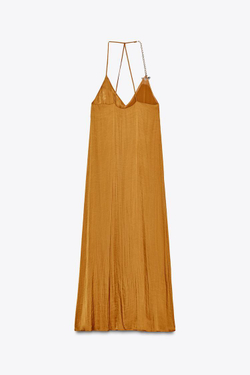 ZARA АТЛАСНОЕ ПЛАТЬЕ-МИДИ С ФУРНИТУРОЙ, ОТТЕНОК ОРАНЖЕВОГО