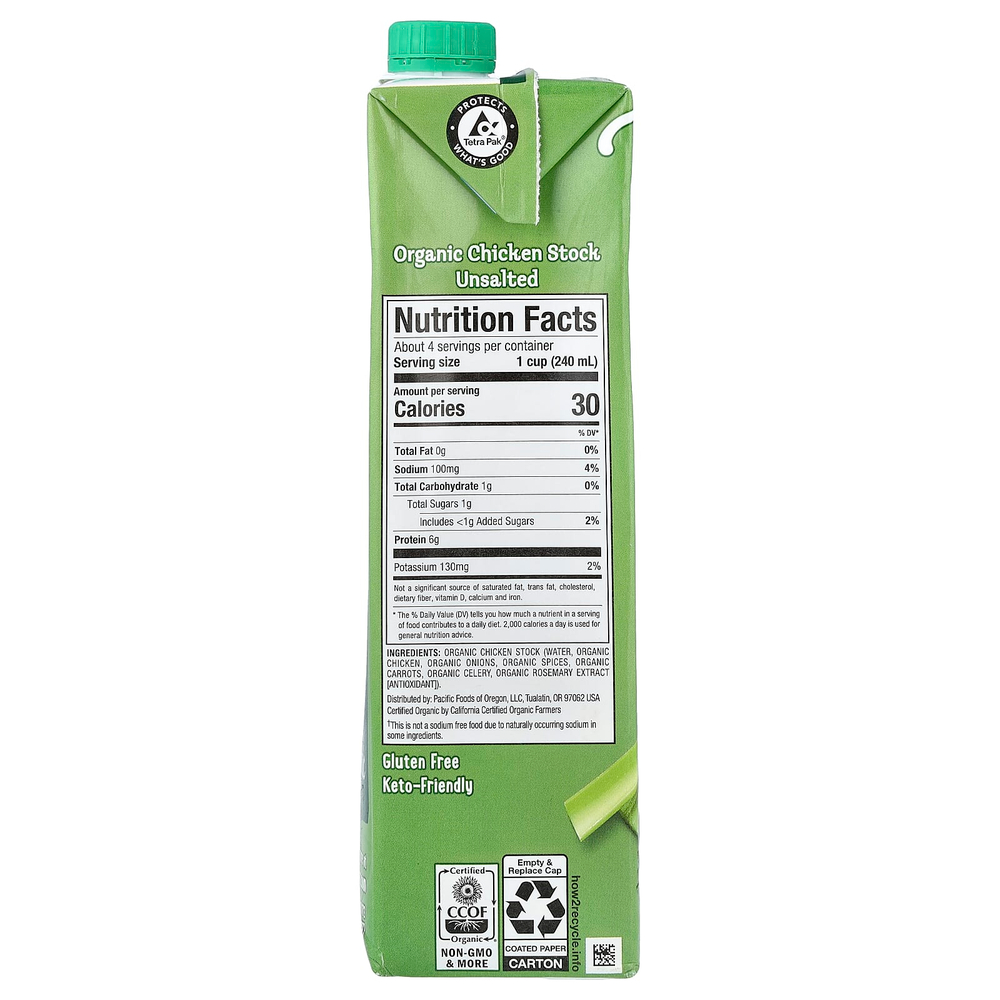 Pacific Foods, органический куриный бульон, несоленый, 907 г (32 жидк. унции)