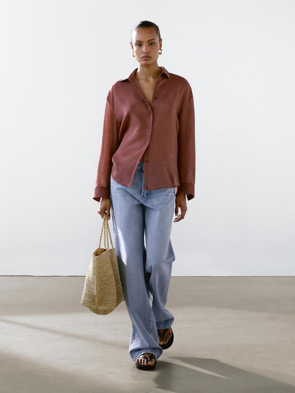 Massimo Dutti Рубашка свободного кроя из смесовой ткани рами, розовый