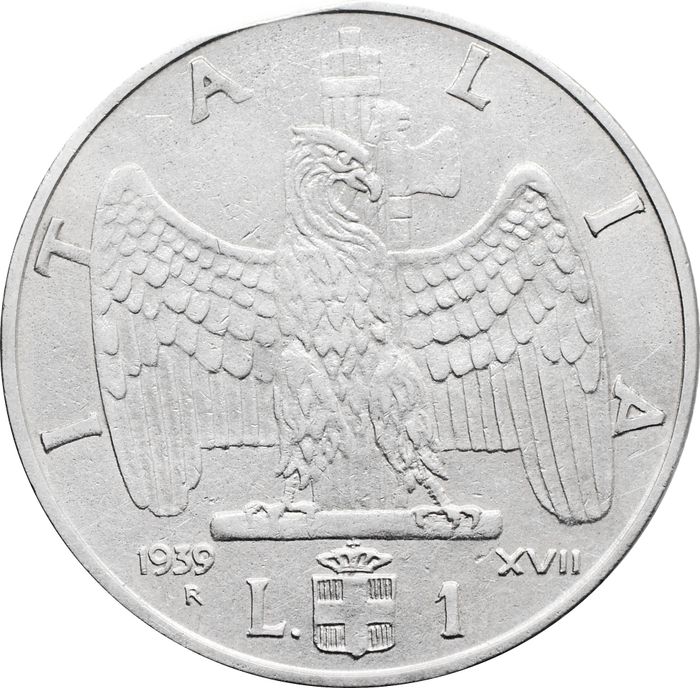 1 лира 1939 Италия (Не магнетик, 1939 - XVII)