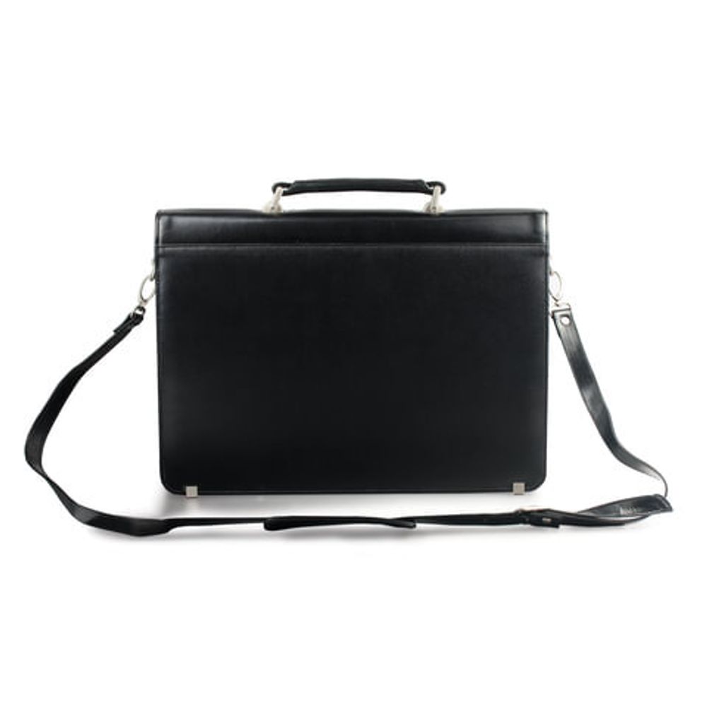 Портфель из натуральной кожи, 38,5х28х11 см, 2 отделения, замок с ключом, черный