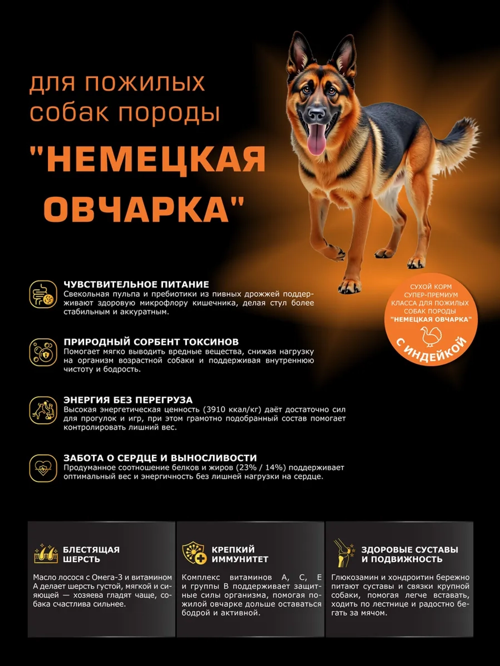 Корм для собак Немецкая овчарка старше 5 лет, индейка 12 кг