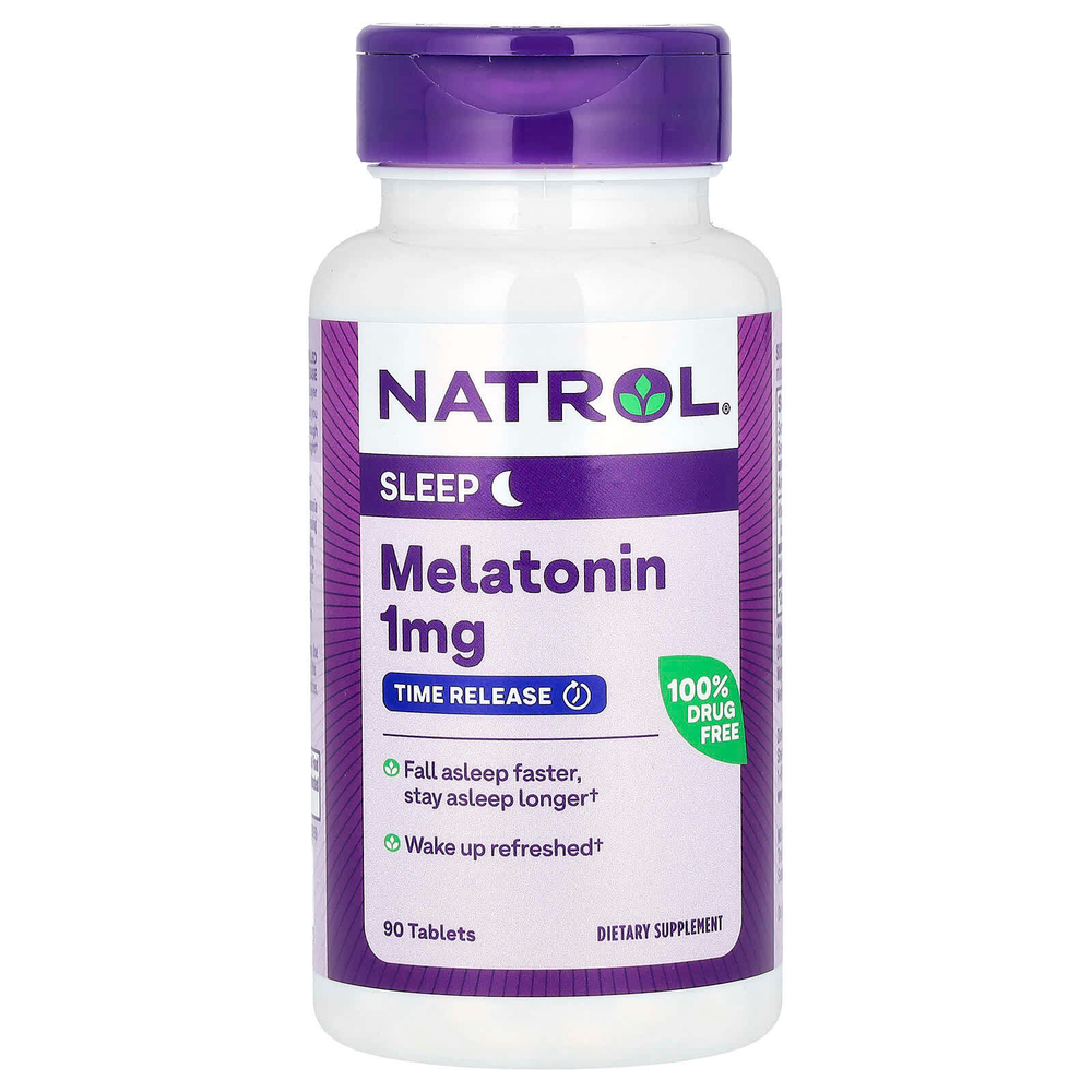 Natrol, Мелатонин, медленное высвобождение, 1 мг, 90 таблеток