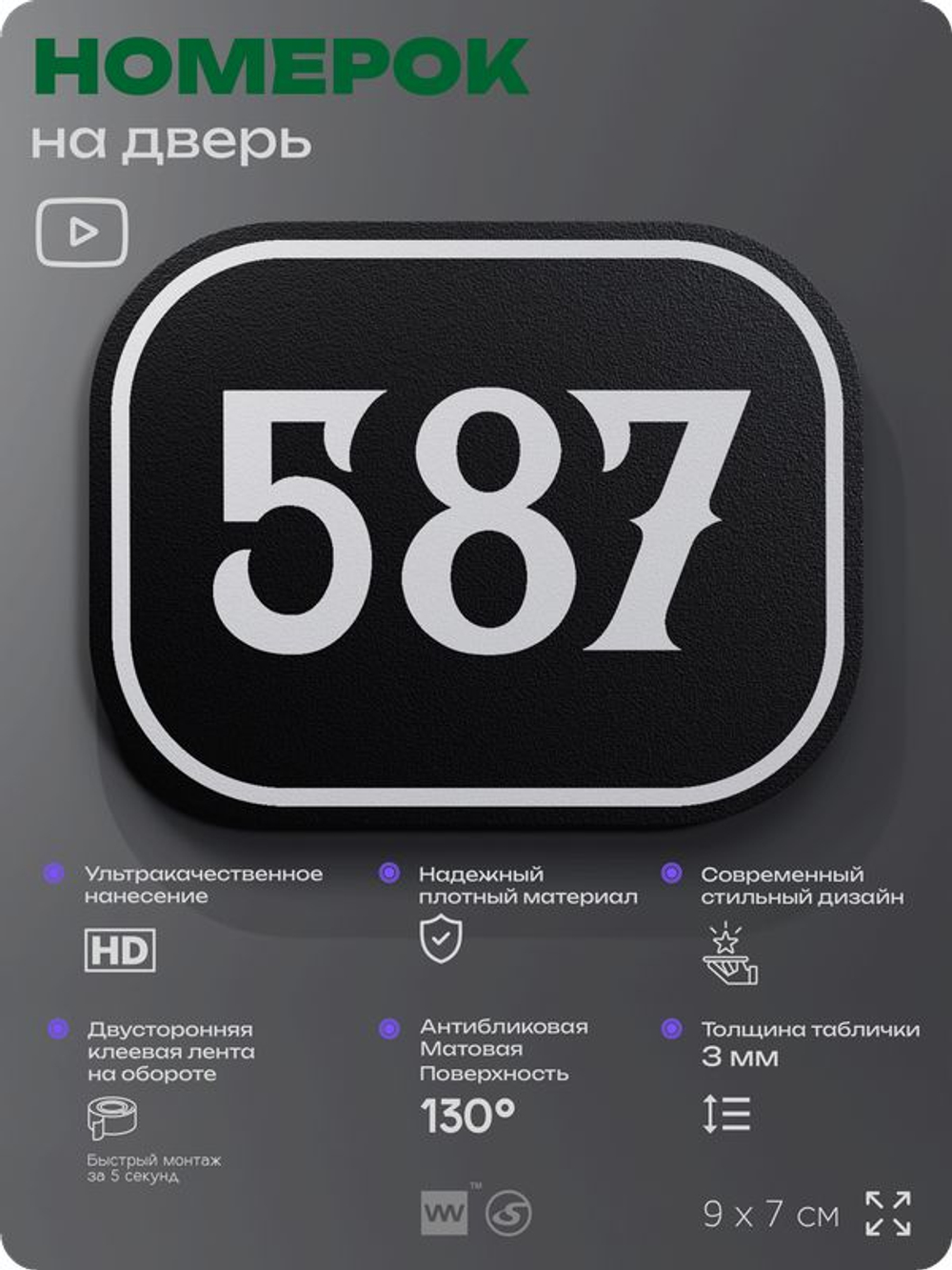 Номерок на дверь квартиры 587, для кабинета, офиса, шильдик 9 х 7 см, черный, Айдентика Технолоджи