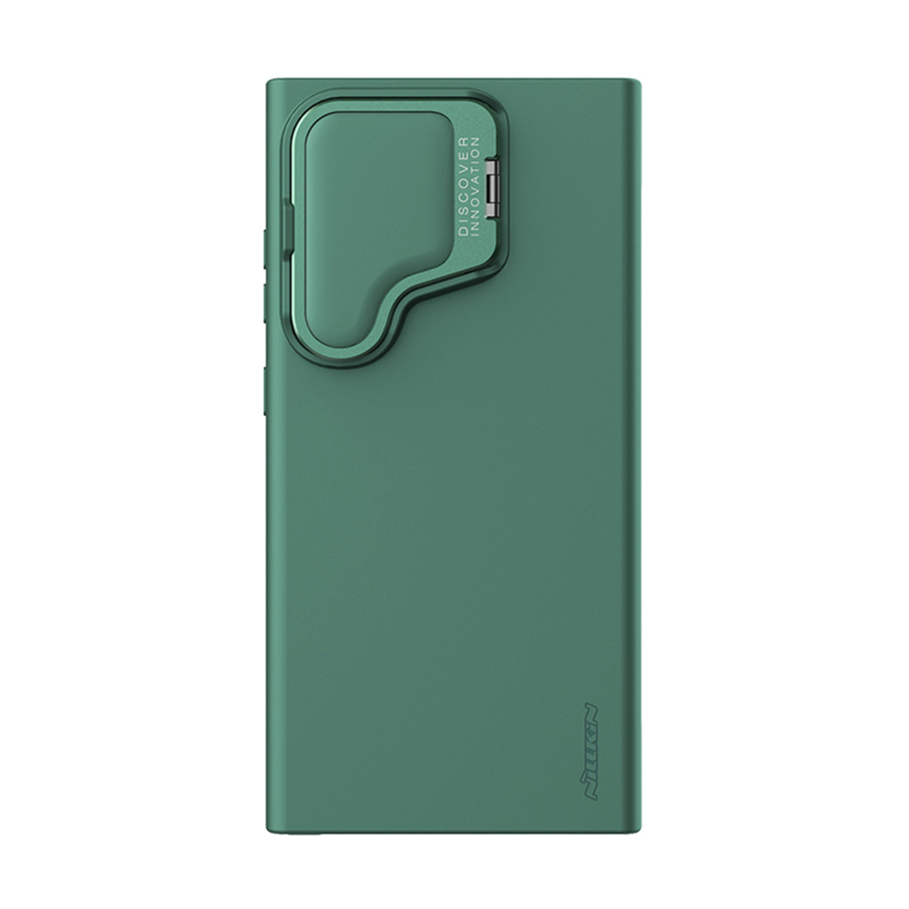 Чехол от Nillkin покрытый шелковистым силиконом зеленого цвета (Dark Green) для Samsung Galaxy S24 Ultra, серия CamShield Silky Prop Silicone Case (с металлической откидной крышкой)