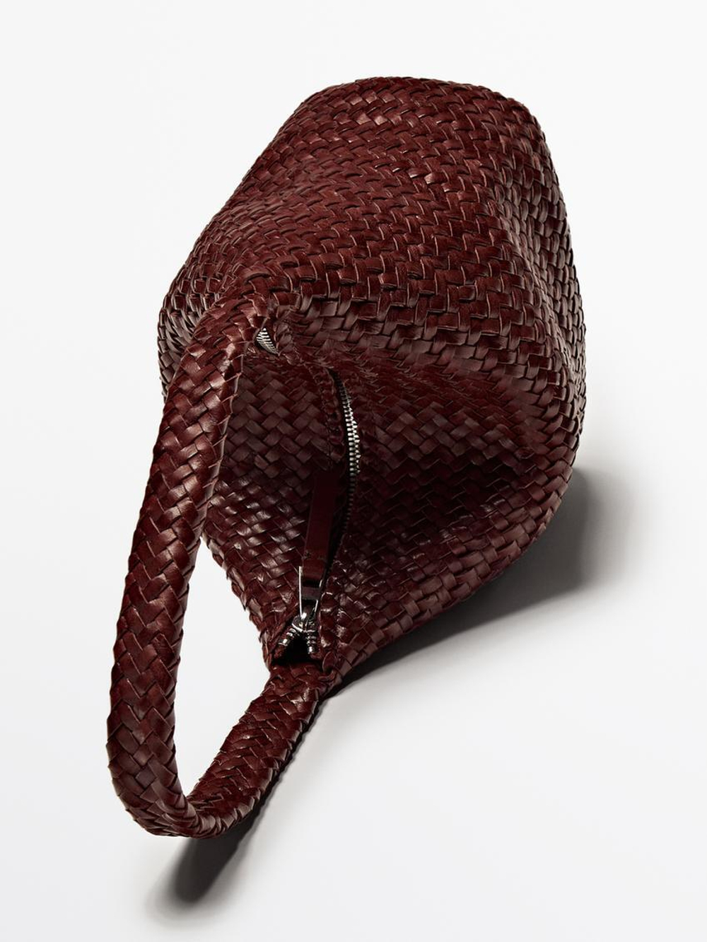 Massimo Dutti Сумка-мешок из кожи наппа с плетеным узором, бордо