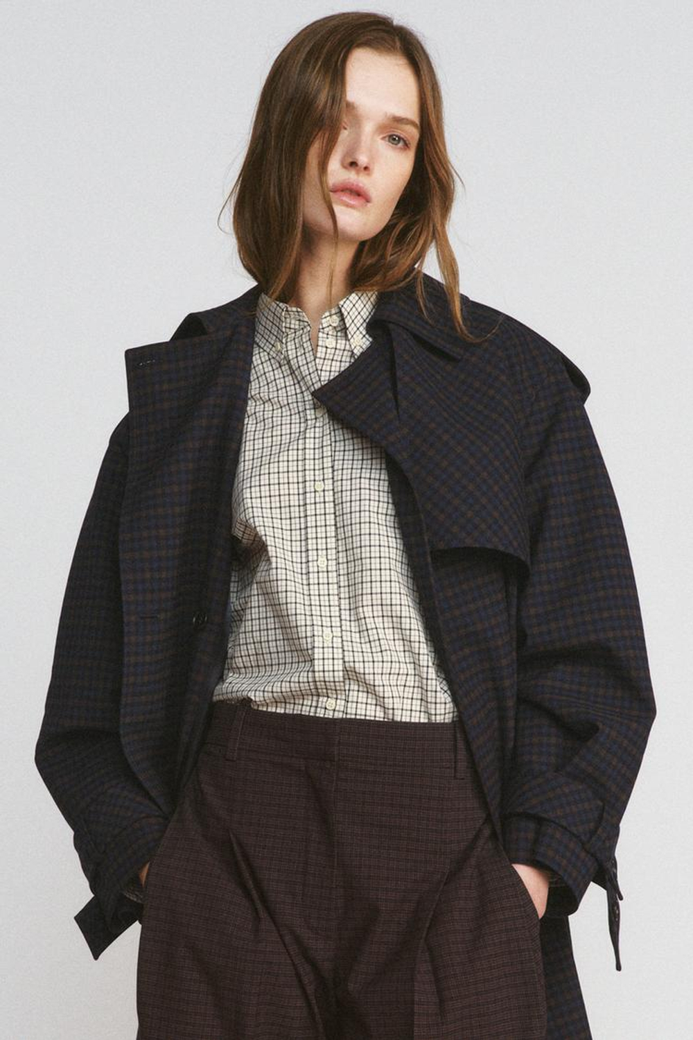 ZARA РУБАШКА В КЛЕТКУ ZW COLLECTION, ЭКРЮ/СИНИЙ