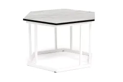 "Женева" интерьерный стол из HPL шестиугольный, D50, H35, цвет "мрамор пепел", каркас из стали белый муар