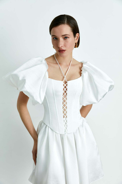 Топ корсетного типа из тафты с пышными рукавами и шнуровкой