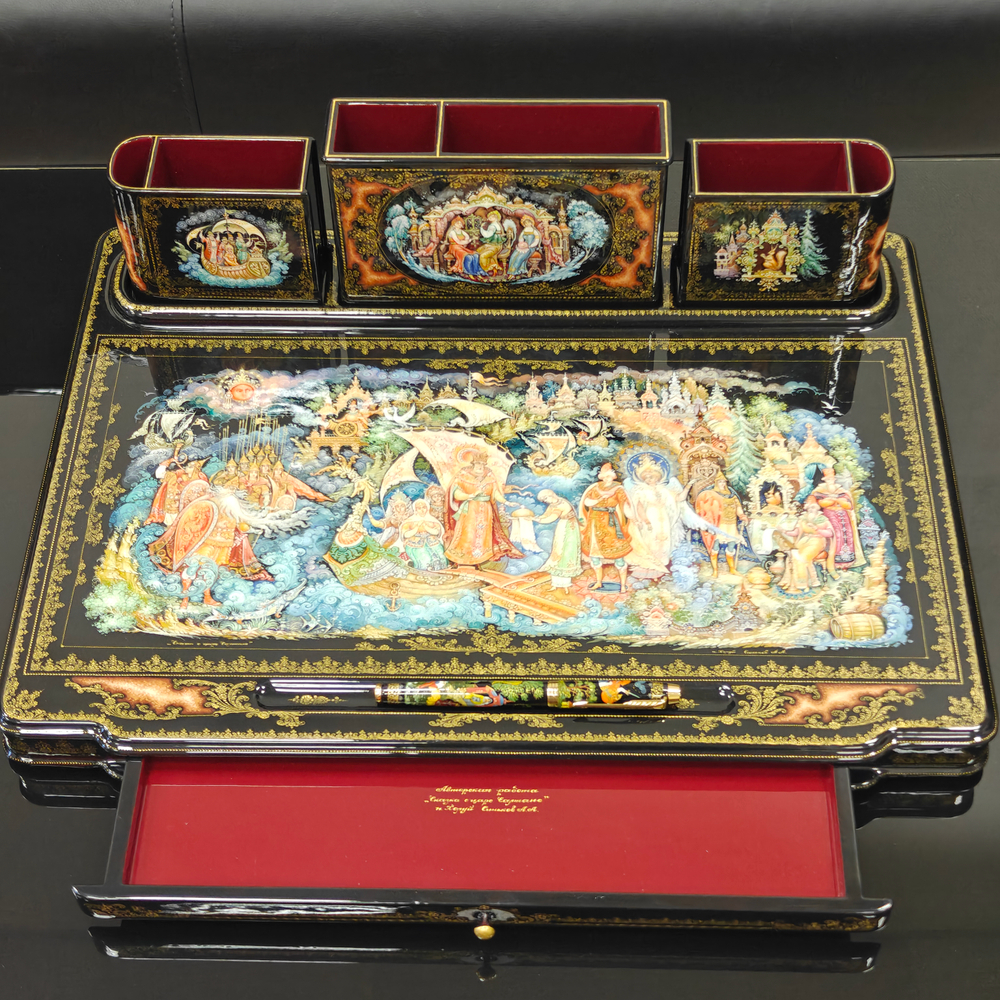 Настольный письменный набор с ручной росписью VIP в подарочном фуляре