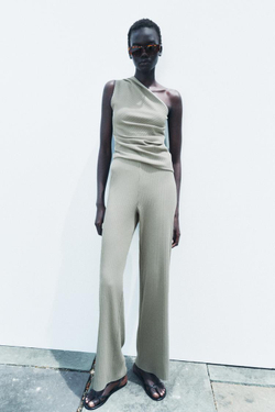 ZARA ТОП АСИММЕТРИЧНОГО КРОЯ В РУБЧИК, СВЕТЛЫЙ ХАКИ