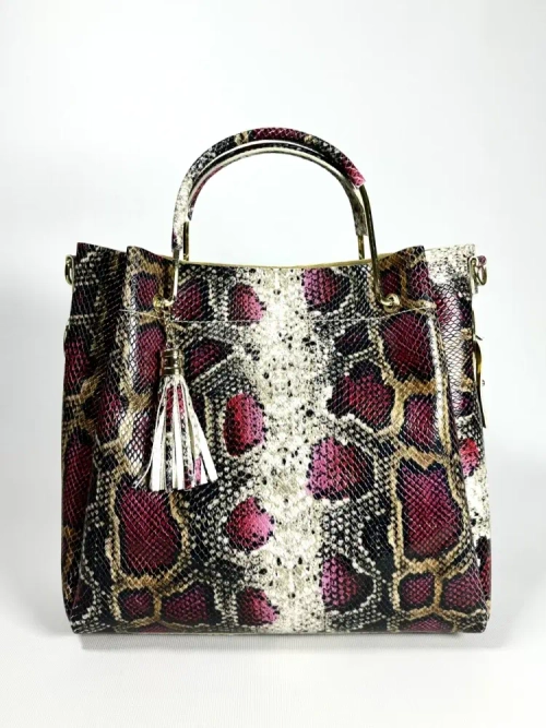 Женская розово-коричневая сумка из натуральной кожи с тиснением питон