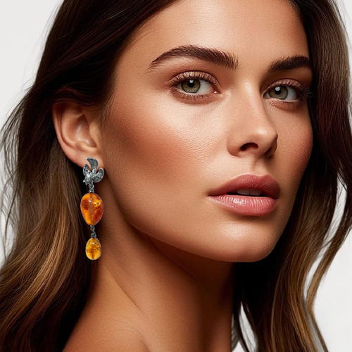 Серьги птички с натуральным янтарём с-5006