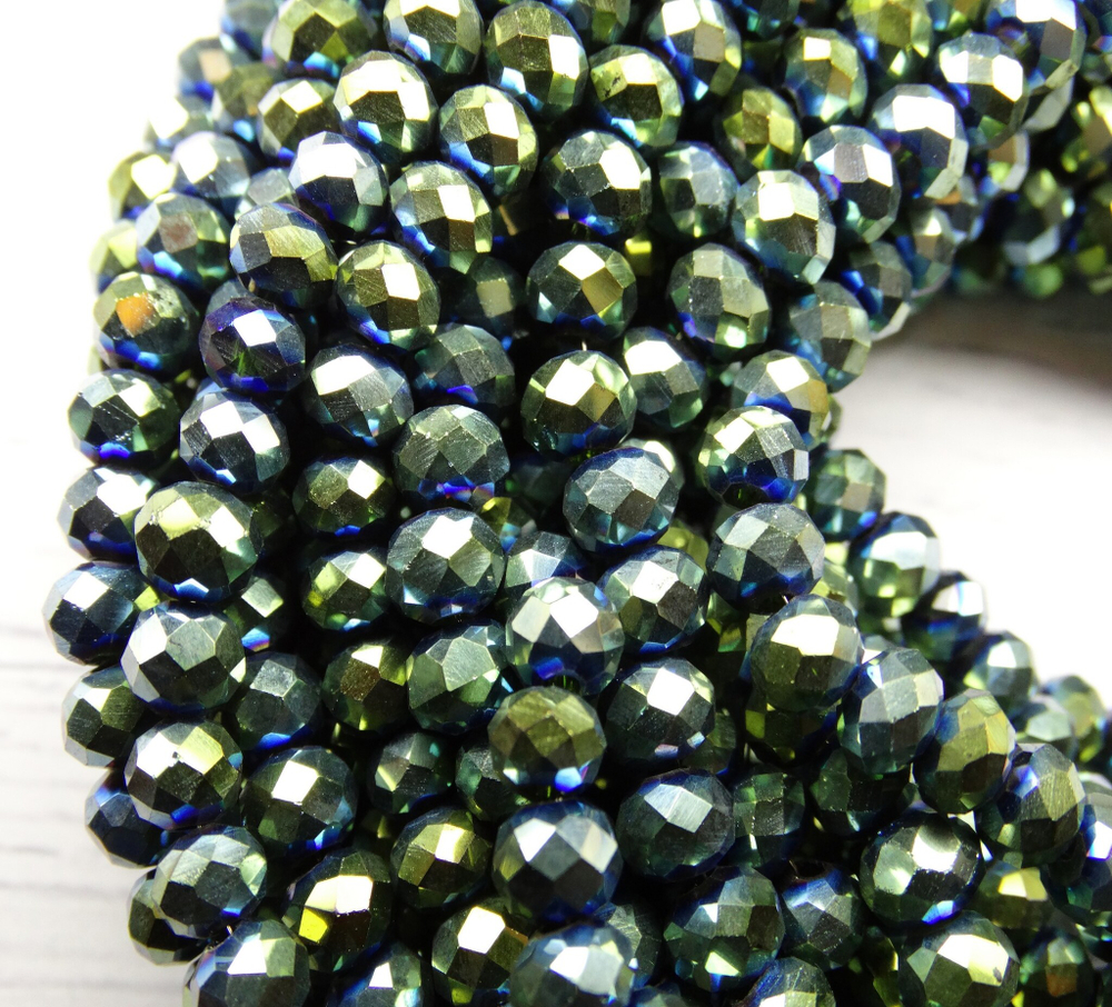 БЛ004НН46 Хрустальные бусины "рондель", цвет: зеленый металлик, размер 4х6 мм, кол-во: 58-60 шт.