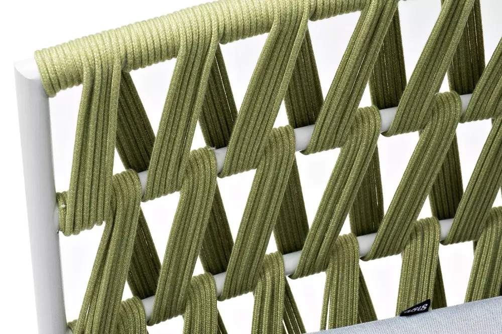 "Диего" диван 2-местный плетеный из роупа, каркас алюминий светло-серый (RAL7035) муар, роуп салатовый меланж круглый, ткань светло-серая