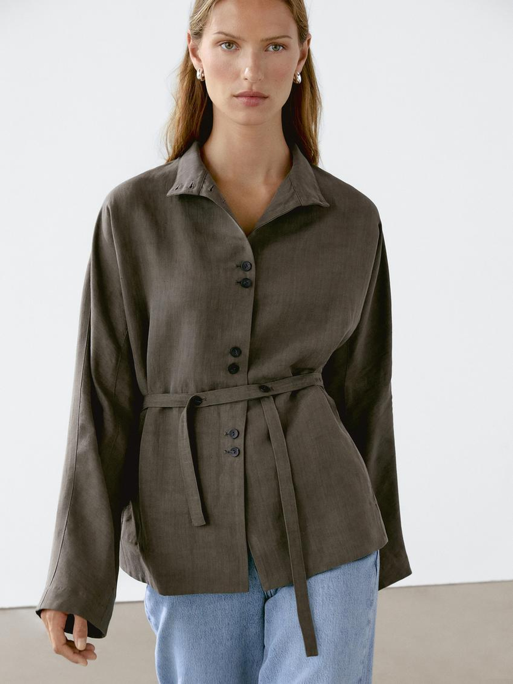 Massimo Dutti Куртка из смесового льна с воротником-стойкой, кротово-коричневый