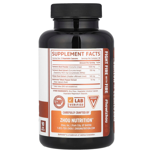 Zhou Nutrition, куркума, куркумин с имбирем, 90 растительных капсул