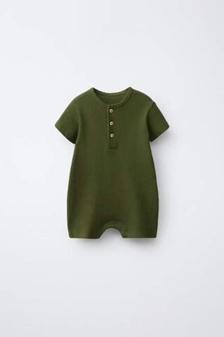ZARA КОМБИНЕЗОН ИЗ ВАФЕЛЬНОГО ТРИКОТАЖА С ВОРОТНИКОМ НА ПУГОВИЦАХ, ЗЕЛЕНЫЙ