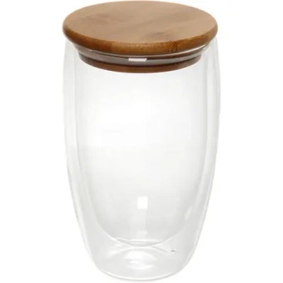 Стакан стеклянный с двойными стенками 450мл «Хай-Тек» с бамбуковой крышкой