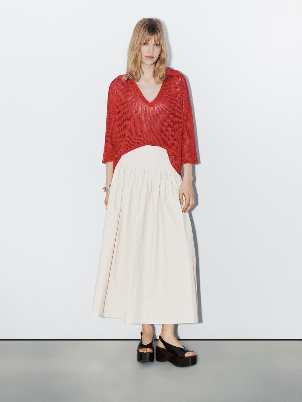 Massimo Dutti Свитер из ажурного трикотажа с воротником-поло - Studio, терракотовый