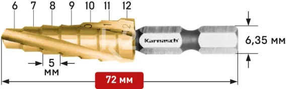 Ступенчатое сверло Ø 6-12 мм, HSS-XE с покрытием TiN-GOLD, ударный хвостовик, двухзаходное, Karnasch, арт. 21.3040