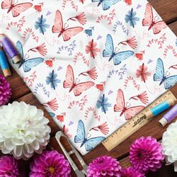 Ткань бязь голубые и розовые бабочки на белом фоне