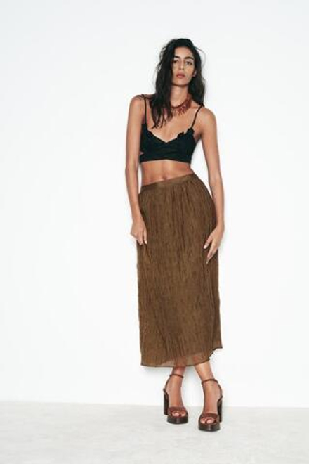 ZARA ЮБКА МИДИ ИЗ ЖАТОЙ ТКАНИ, ХАКИ