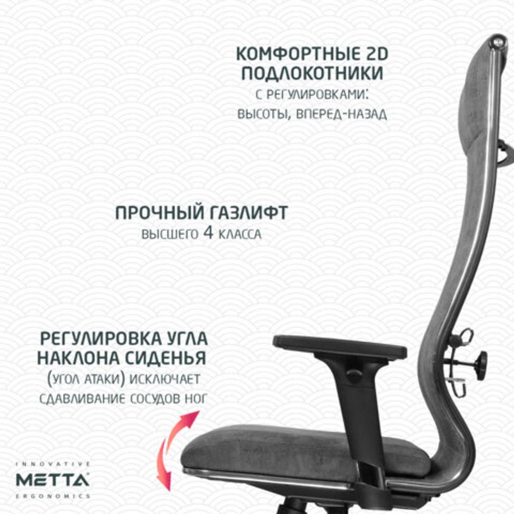 Кресло офисное МЕТТА "L1m 42/2D", хром, 2D-подлокотники, сиденье и спинка мягкие, велюр, темно-серое