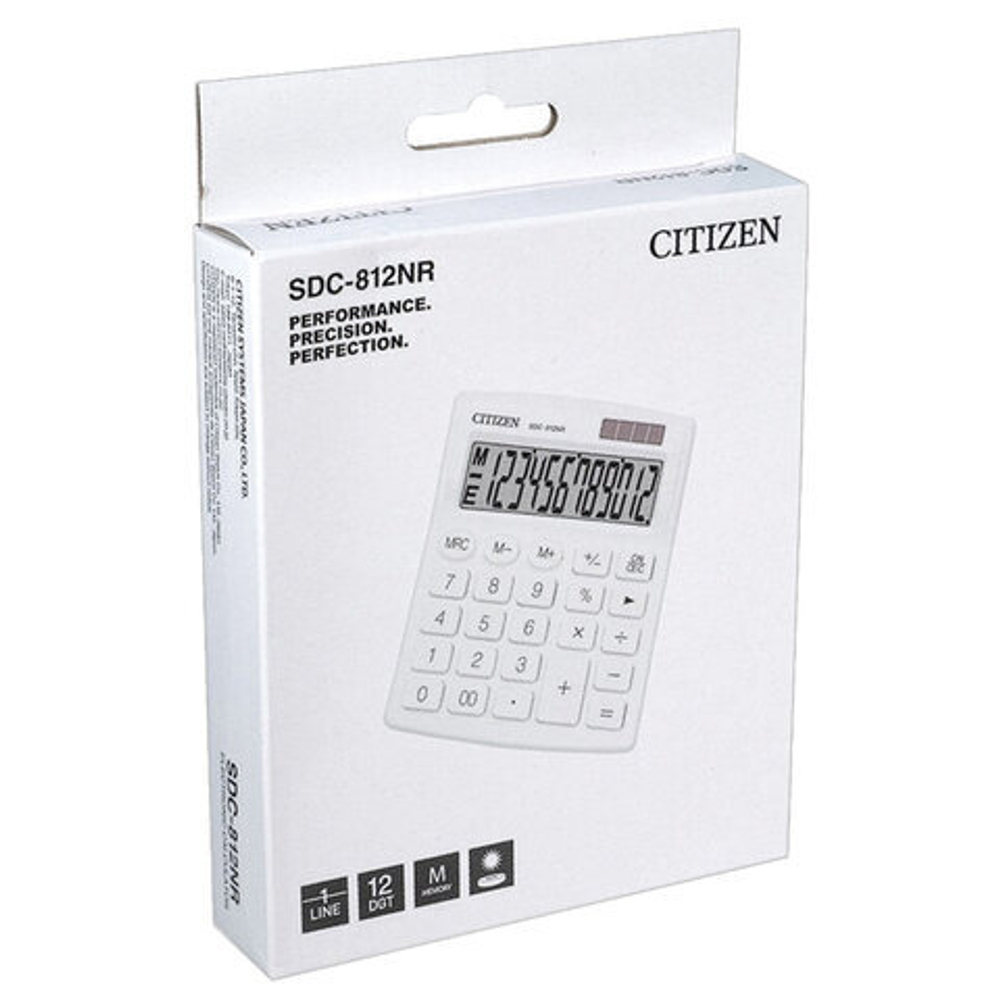 Калькулятор настольный Citizen SDC-812NR-WH, 12 разрядов, двойное питание, компактный (124х102 мм), белый