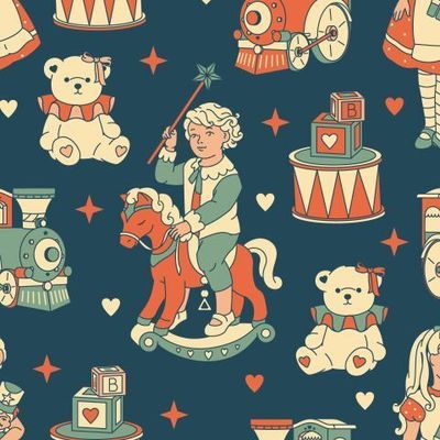 Ретро узор с винтажными игрушками и детьми