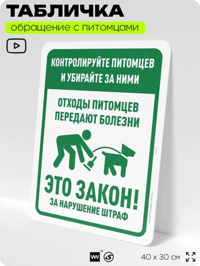 Табличка "Контролируйте питомцев и убирайте за ними" на дверь и забор, для двора, дома, подъезда, 40х30 см, Silver Plane x Айдентика Технолоджи